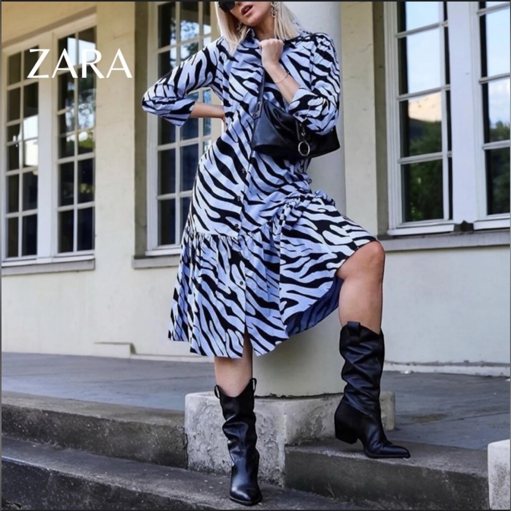 Zara Womens  Powder Blue Black Zebra Animal Print Shirt dress‎